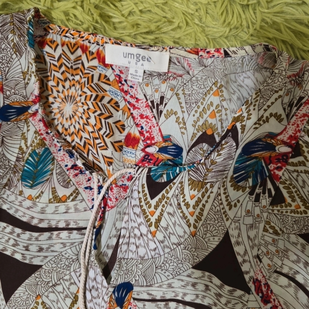 Umgee Printed Tie-Front Tunic Top in Blue, Orange, Brown & Cream